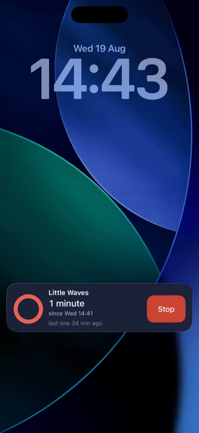 The Lock Screen with the Live Activity running: a coral ring, the timing, and a Stop button.