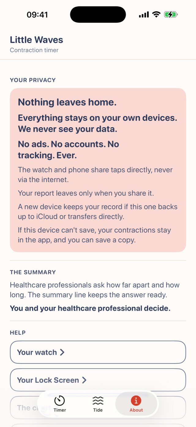 The About screen's privacy card: everything stays on your own devices, no ads, no accounts, no tracking, ever.