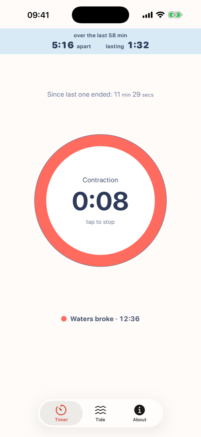 The timer mid-contraction: the ring filled coral, reading Contraction 0:08, tap to stop, with the last hour's pattern in plain words above.