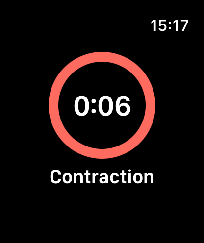 The Apple Watch mid-contraction: a coral ring around 0:06 and the word Contraction beneath.