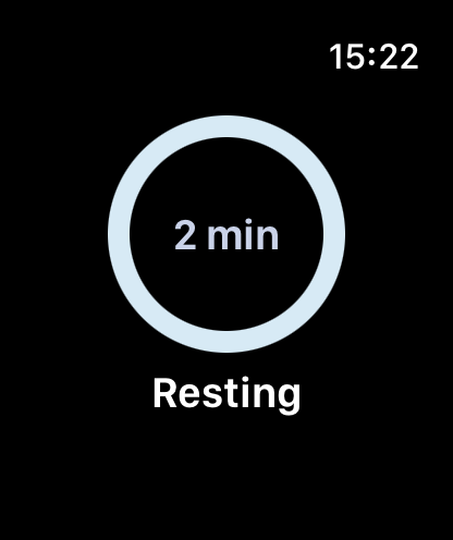 The Apple Watch at rest: a pale ring reading 2 min and the word Resting beneath.
